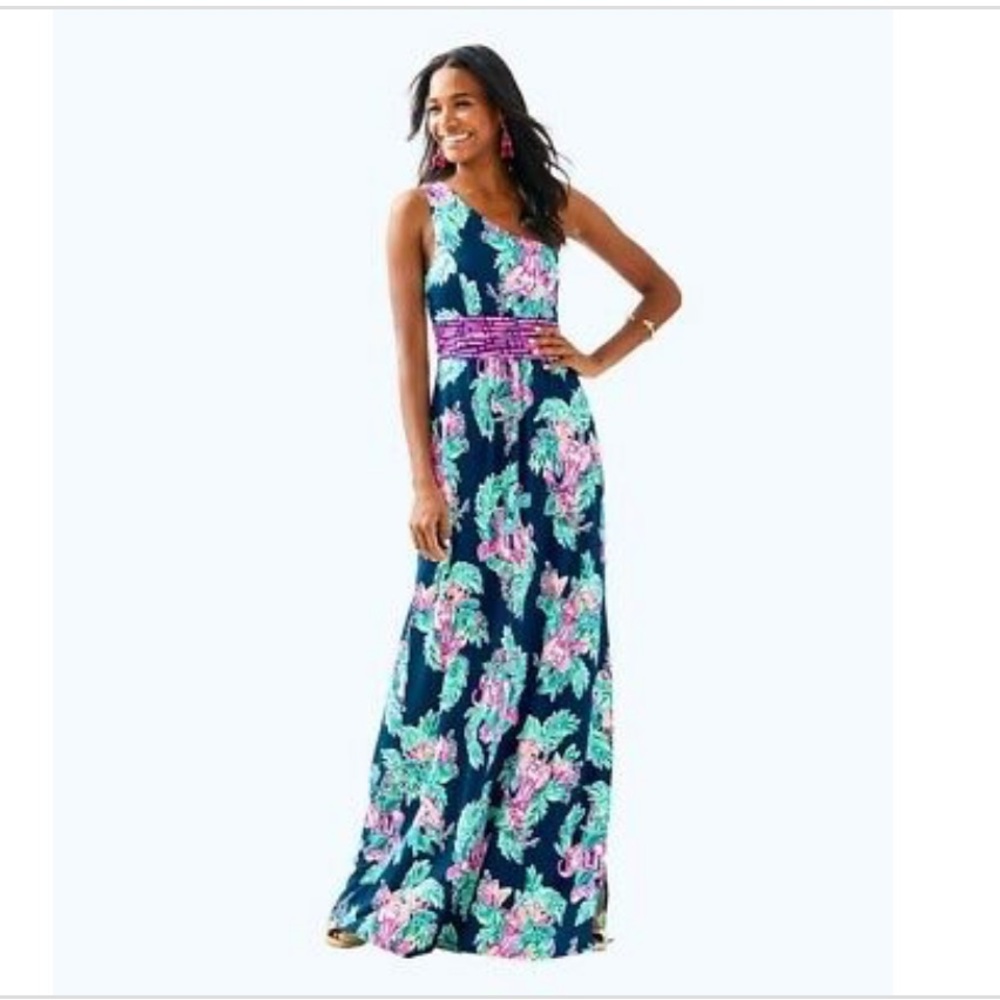 Lilly Pulitzer Navy One-Shoulder Floral Maxi Dress with Pink & Mint Print
